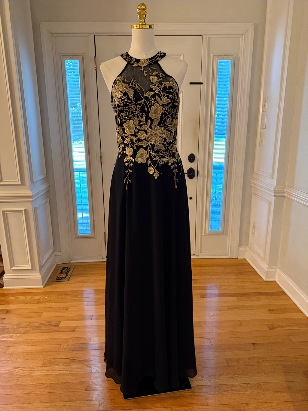 Betsy & Adamelegant Black Halter Evening Gown With Gold Floral Embroidery
